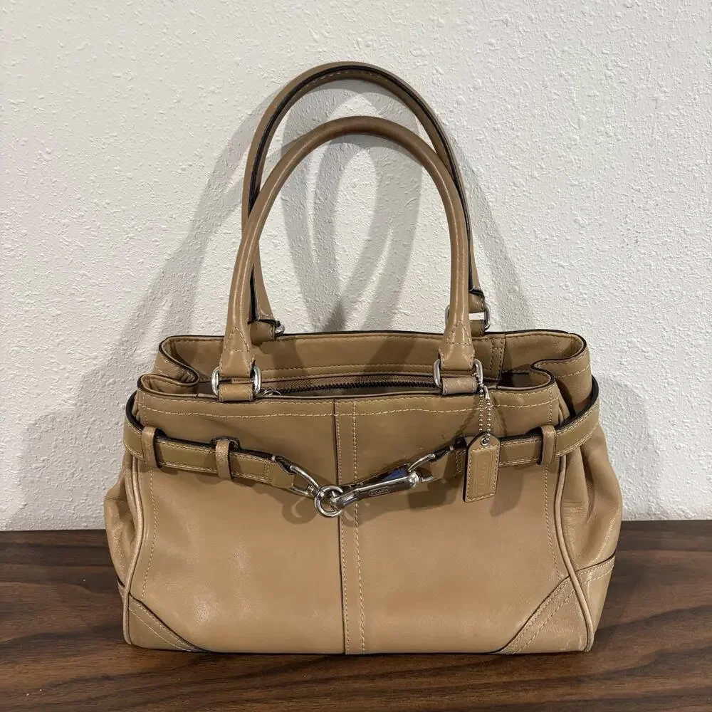 Vtg Coach Hampton Smooth Leather Satchel Shoulder Bag Handbag F11199 Tan Silver